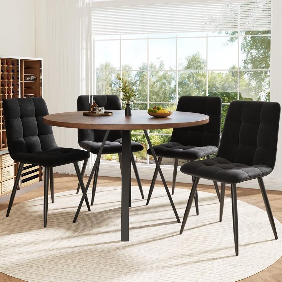 Merax Eetkamerset 5-delig – Ronde Eettafel 80x80 cm met 4 Zwarte Samet Stoelen – Moderne Tafel met Walnootkleurig MDF Blad en Metalen Poten - Foto 3