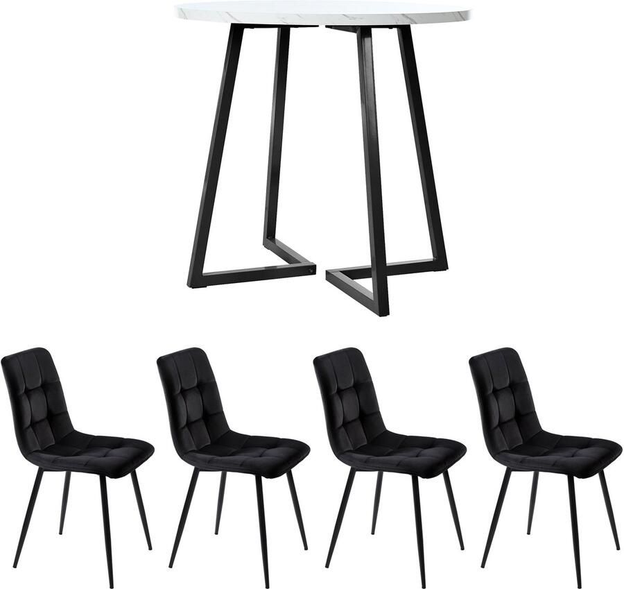 Merax Eetkamerset 5-delig – Ronde Eettafel Diameter 80 cm met 4 Zwarte Velvet Eetkamerstoelen – Moderne Keukentafel met MDF Marmerlook Tafelblad – Zwart met Wit