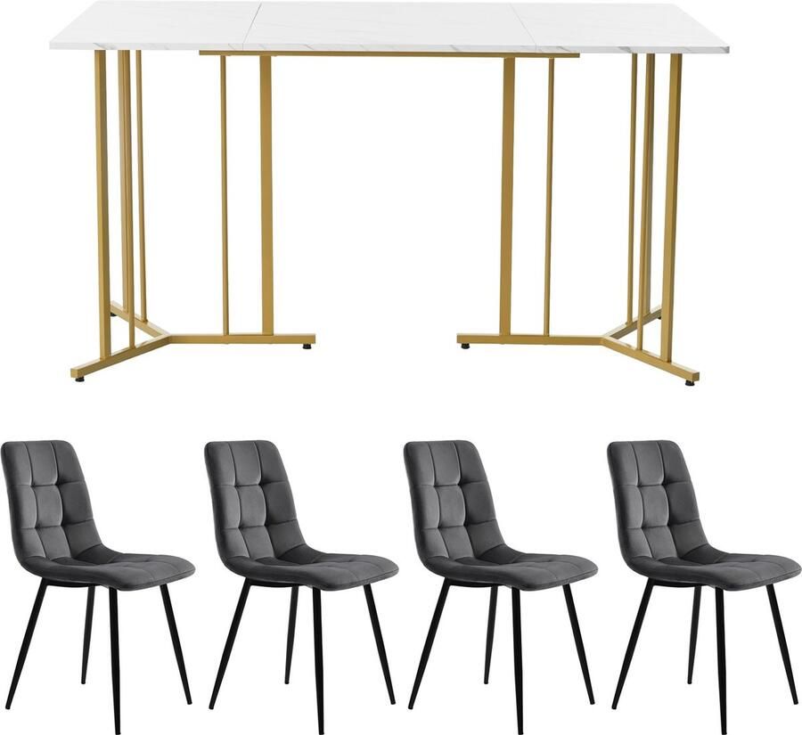 Merax Eetkamerset (5-delig) Set van 140×80 cm Eettafel met 4 Donkergrijze Eetkamerstoelen en Gouden Metalen Poten - Foto 2