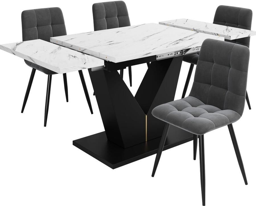 Merax Eetkamerset 5 Delig Uitschuifbare Eettafel met 4 Fluwelen Eetkamerstoelen Marmerlook Wit met Zwart en Grijs