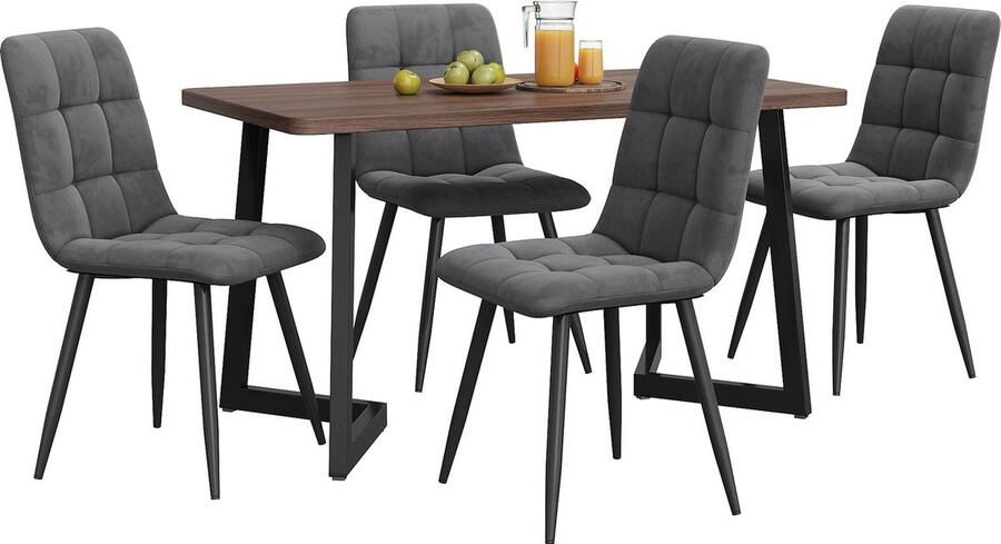 Merax Eetkamerset 5-delig – Walnootkleurige Tafel met 4 Donkergrijze Samet Stoelen – Moderne Eettafel met Zwarte Metalen Poten en MDF Blad - Foto 2