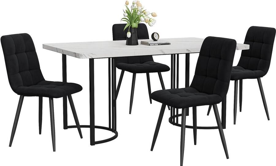 Merax Essgroep 5-delig – Eettafel met 4 Stoelen 140x80 cm Wit MDF Tafelblad met Zwarte Metalen Poten Zwarte Fluwelen Stoelen voor de Eetkamer