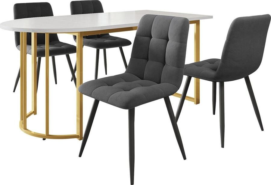 Merax 5-delige Eetkamerset 139x80 cm Moderne Eettafel met 4 Stoelen Gouden Tafel met Wit Marmerpatroon en Donkergrijze Stoelen