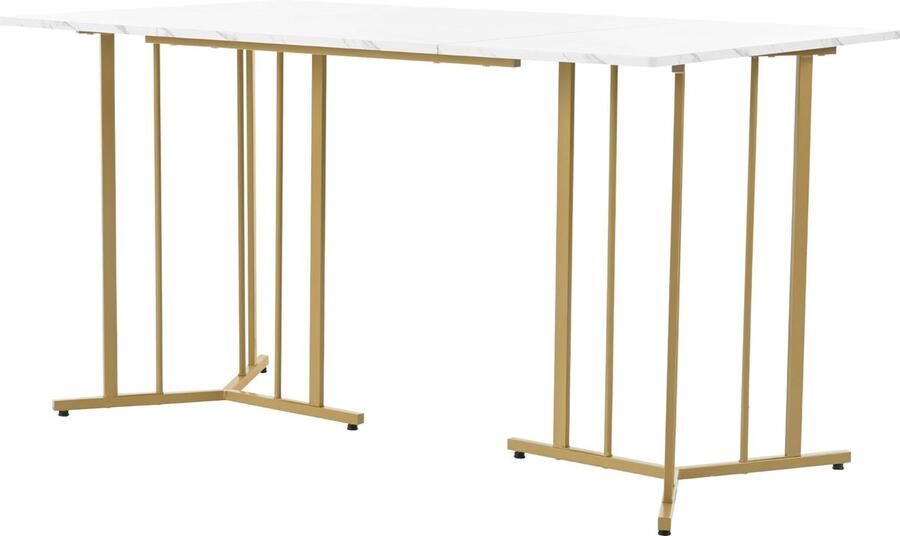 Merax Moderne Eetset (5-delig) – Eettafel met 4 stoelen 140x80 cm eettafel met goudkleurige metalen poten Wit MDF tafelblad en zwarte fluwelen eetkamerstoelen - Foto 2