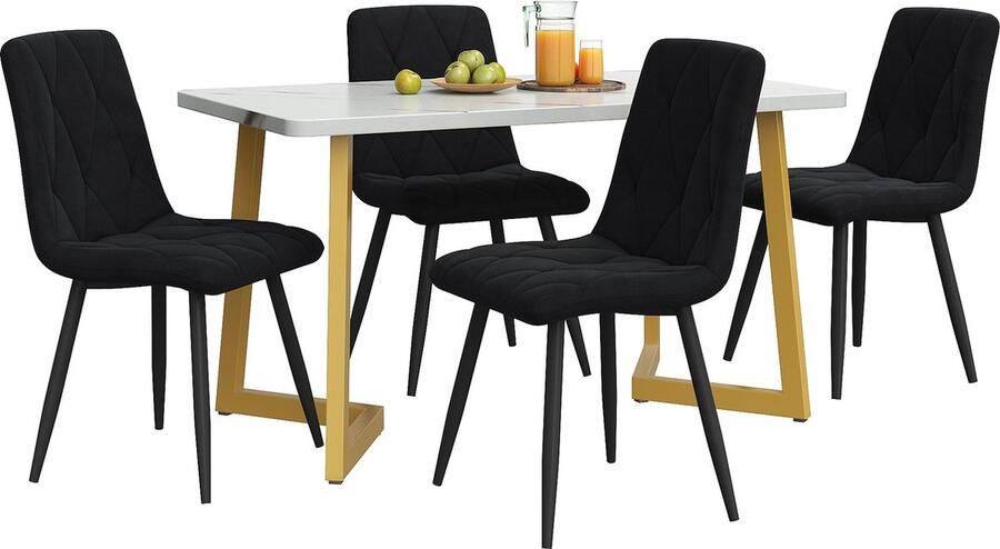 Merax Eethoek Set van 5 117×68cm Eettafel met 4 Stijlvolle Zwarte Gestoffeerde Eetkamerstoelen Rechthoekige Tafel Gouden Poten