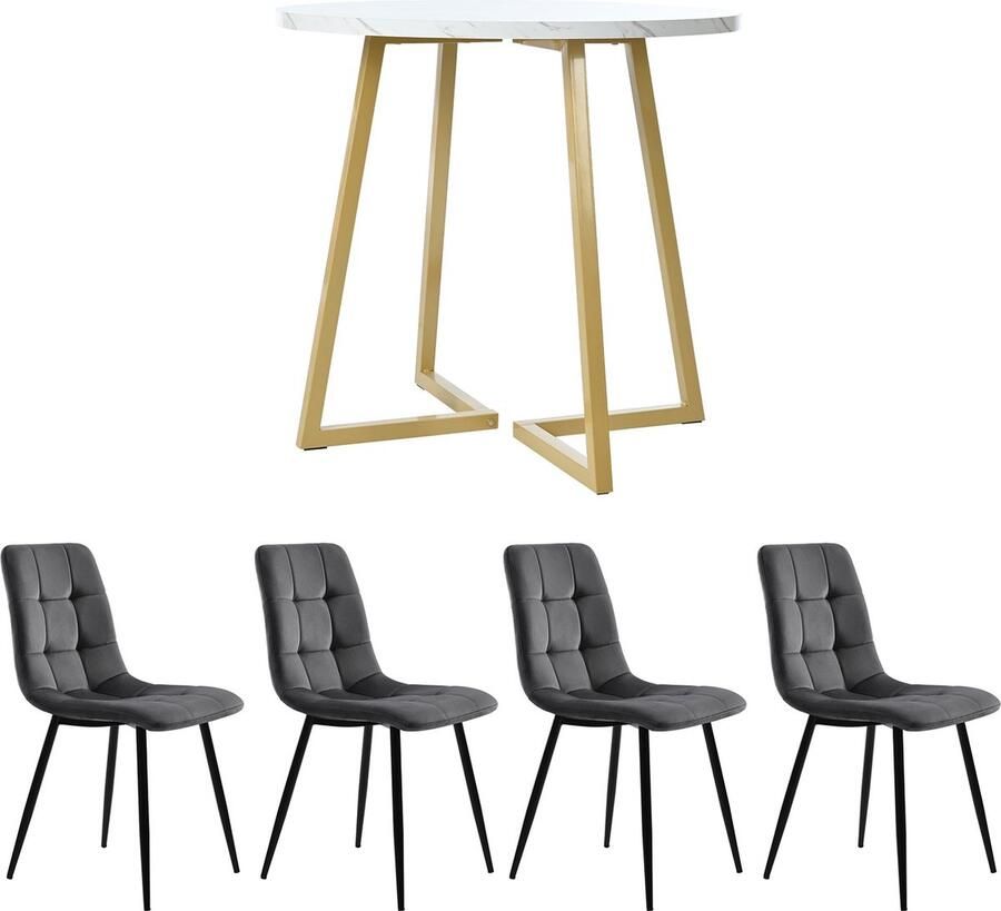 Merax Esstisch-Set (5-teilig) Esstisch-Set mit 4 Stühlen modernes Küchentisch-Set runder Küchentisch mit 80 cm Durchmesser und goldenen Metallbeinen weiße MDF-Tischplatte dunkelgraue Samt-Esszimmerstüh
