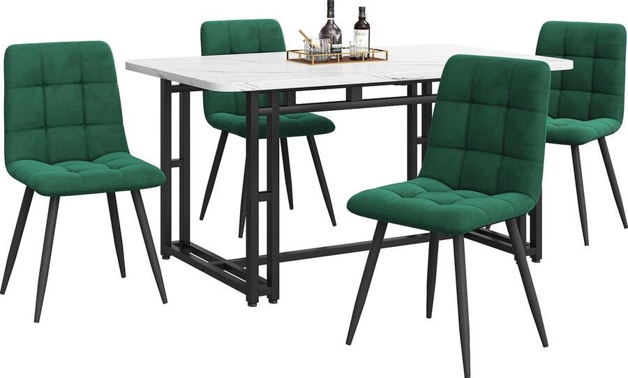 Merax 140x80cm Schwarz Esstisch mit 4 Stühlen Set Moderne Küche Esstisch Set dunkelgrüner Samt Esszimmerstühle Schwarz Eisen Beintisch