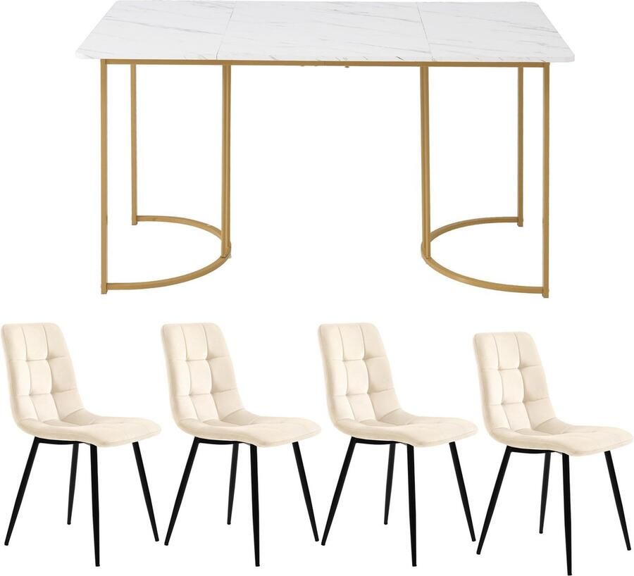 Merax Essgruppe (5-tlg) Esstisch mit 4 Stühlen Set Moderner Küchentisch Set 140×80cm Küchentisch mit Golden Metallbeinen MDF Tischplatte in Weißer Beige Samt Esszimmerstühle