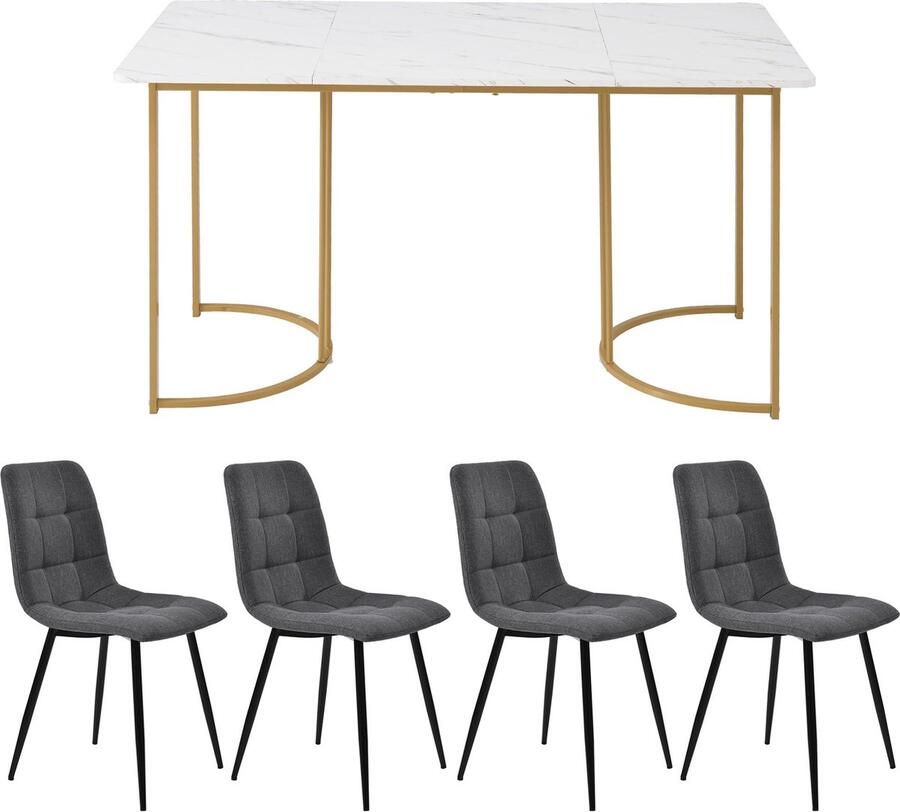 Merax Essgruppe (5-tlg) Esstisch mit 4 Stühlen Set Moderner Küchentisch Set 140×80cm Küchentisch mit Golden Metallbeinen MDF Tischplatte in Weißer Dunkelgrau Leinen Esszimmerstühle