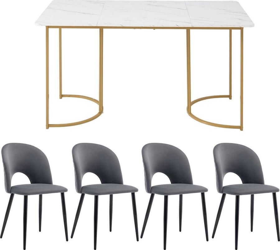 Merax [ niet compleet] Essgruppe (Set 140×80cm Esstisch mit 4 Stühlen) Moderner Küchentisch Set Samt Esszimmerstuhl Mit Diamantmuster Verstellbare Stuhlbeine Grau Samt MDF Tischplatte in Weißer Golden Tischbeine - Foto 3