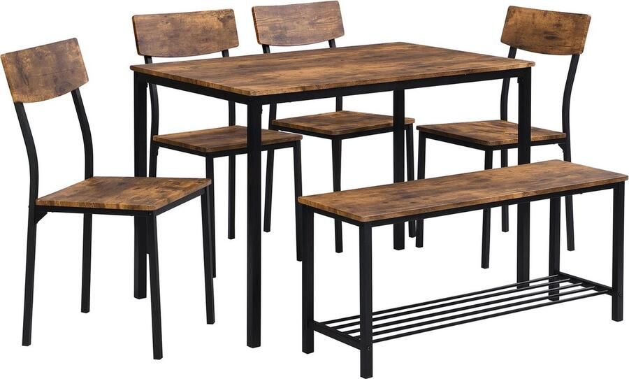 Merax Eetkamerset 6-delig – Eettafel met 4 Eetkamerstoelen en Zitbank – Bruin met Zwart