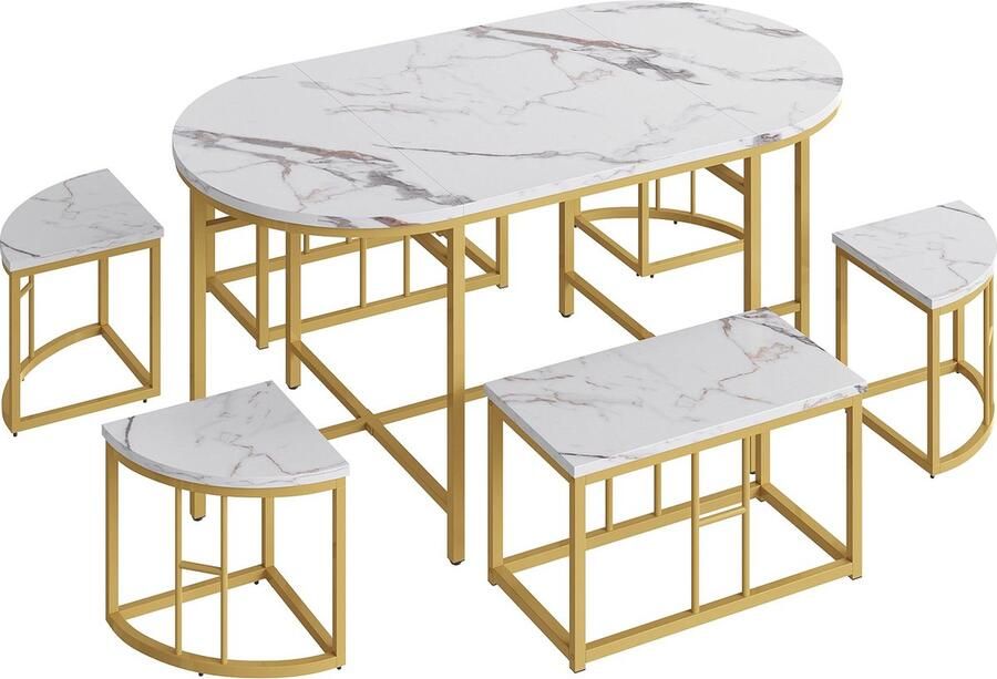 Merax Eetkamer Set met 6 Stoelen Witte MDF Zittingen en Goudkleurige Ijzeren Frames Luxe Moderne Eettafel Set