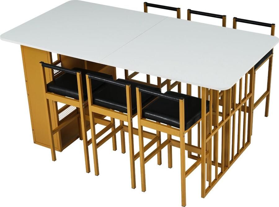 Merax Eetkamerset (7-delig) Eettafel met 6 Stoelen Moderne Keuken Set met Staalconstructie Witte Tafel met Gouden Accenten