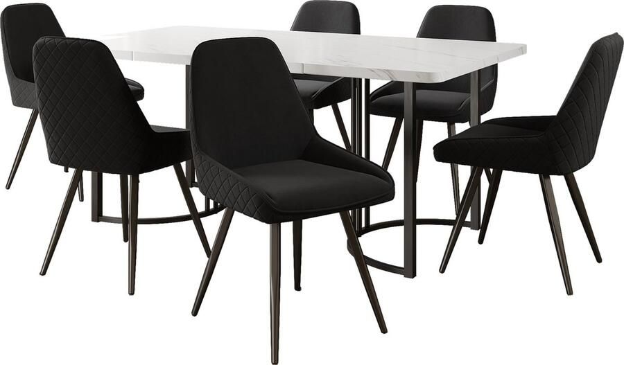 Merax Eetkamerset (7-delig) – Moderne Eettafel 140 x 80 cm met Witte MDF Tafelblad en 6 Zwarte Stoelen met Rugleuning in Modern Design