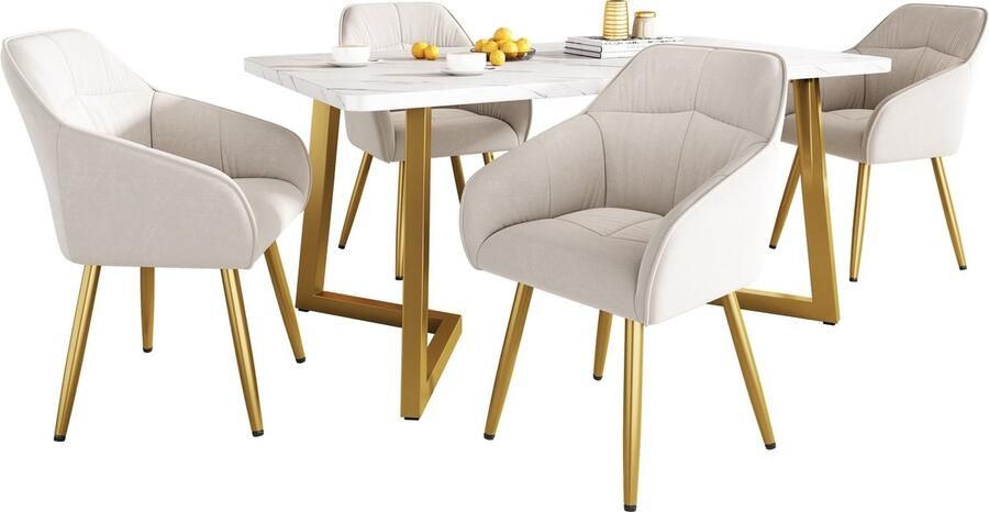Merax [ niet compleet] Essgruppe (Set 117×68×75cm Esstisch mit 4 Stühlen) Moderner Küchentisch Set Esszimmerstühle Küchenstuhl mit Rückenlehne MDF Tischplatte in Weißer Golden Tischbeine - Foto 2