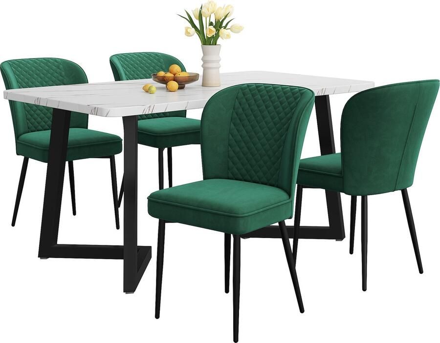Merax Eetkamerset – Eettafel (117x68x75 cm) met 4 Donkergroene Fluwelen Stoelen – Wit MDF Tafelblad en Zwarte Metalen Poten