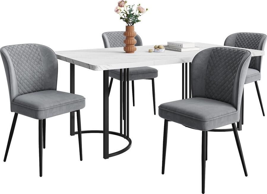 Merax Eetkamerset 5-Delig 140x80x75cm Eettafel met 4 Donkergrijze Eetkamerstoelen Modern Design MDF Tafelblad met Zwarte IJzeren Poten