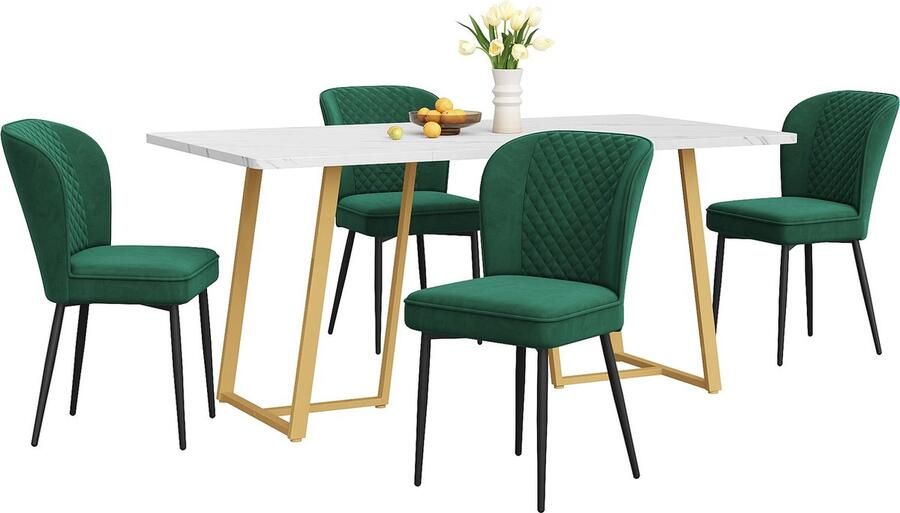 Merax Eetkamerset – Eettafel (140x80x75 cm) met 4 Donkergroene Fluwelen Eetkamerstoelen Wit MDF Tafelblad en Gouden Metalen Poten