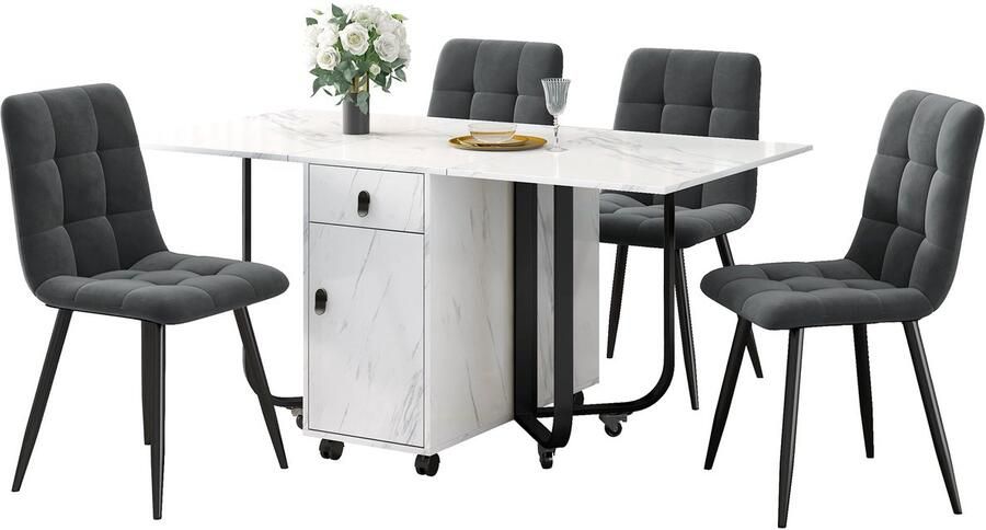 Merax Essgruppe (Set 150×80×76cm Esstisch mit 4 Stühlen) Klappbarer Küchentisch Set Dunkelgrau Samt Esszimmerstühle Polsterstuhl Design Stuhl mit Rückenlehne MDF Tischplatte in Weißer Schwarz Tischbeine