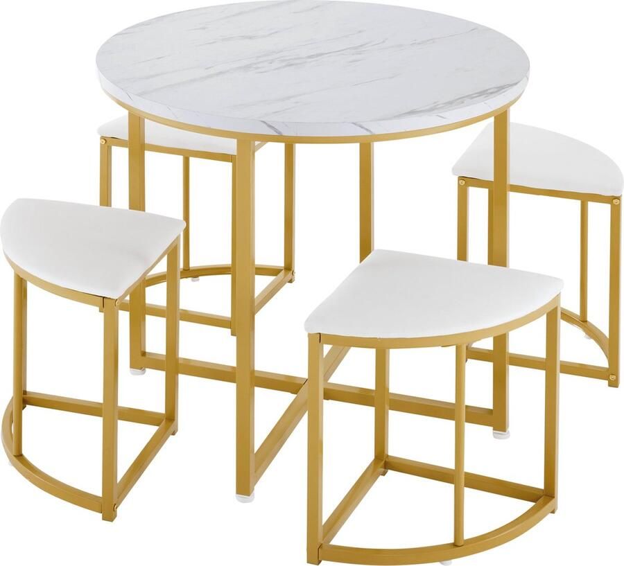 Merax Esszimmertisch-Set mit vier Stühlen Essgruppe mit MDF-Tischplatte und vergoldeten Eisenrahmen Samtstuhl Moderne Luxustische und-stühle Weiß - Foto 2