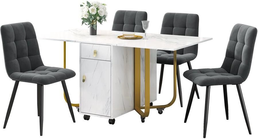 Merax Eetgroep (Set 150×80×76 cm Eettafel met 4 Stoelen) – Opklapbare Keukentafel Set met Fluwelen Eetkamerstoelen Design Stoelen met Rugleuning en MDF Tafelblad in Wit met Zwarte Tafelpoten