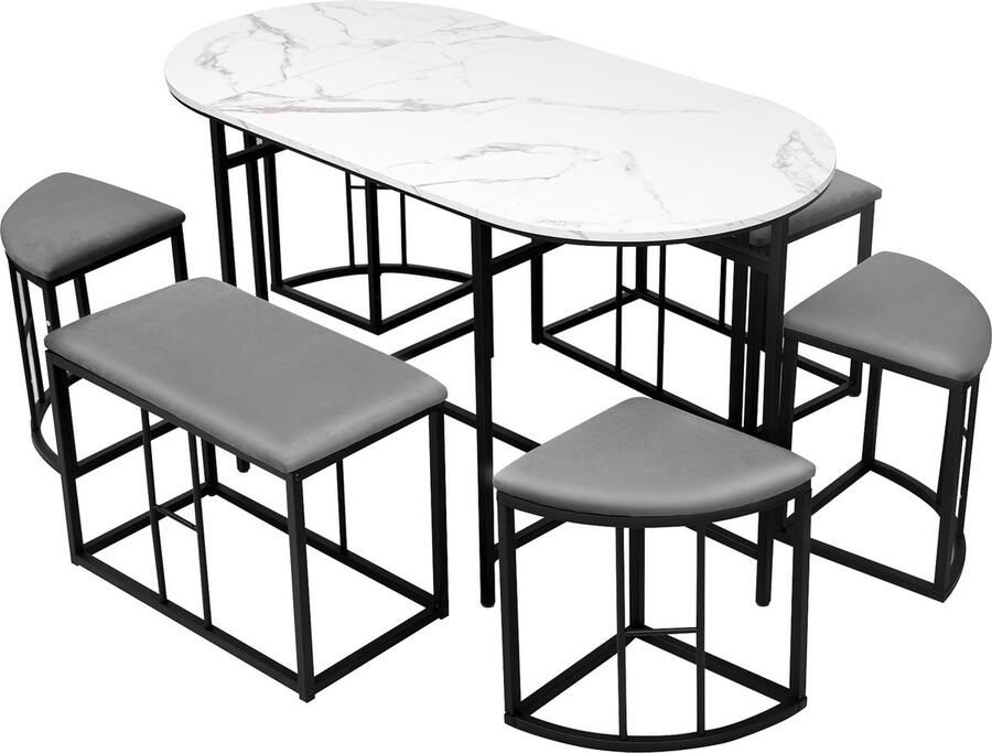 Merax Essgruppe(Set mit Esstisch 4 kleinen Hockers und 2 großen Hockers) Küchen Esstisch Set ausStahlrahmen.Moderner weißer und Schwarz.140*70*76cm belastbar 120 kg(previous sku:29876667AA)