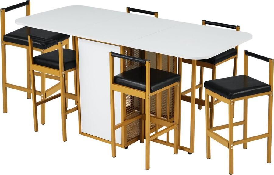 Merax Essgruppe (Set mit Esstisch 6 Stühlen) Klappbarer Esstisch Erweiterbarer Esstisch Multifunktionaler ausziehbarer Esstisch Esszimmerstühle Weiß und Gold