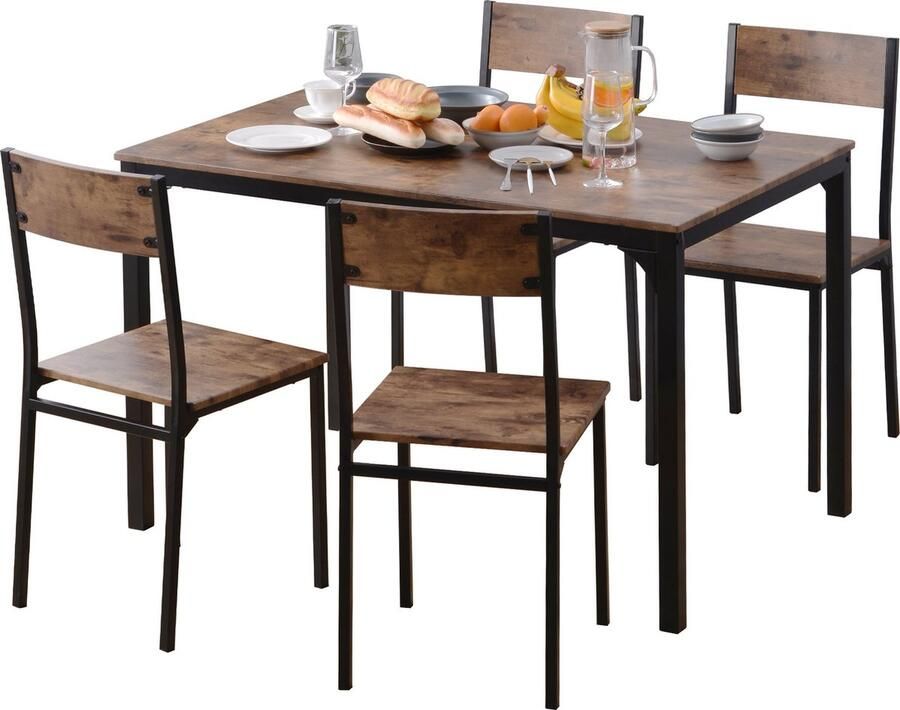Merax Eetkamerset met Tafel en 4 Stoelen Compacte Eettafelset voor Balkon Eetkamer of Woonkamer Vintage Bruin met Metalen Frame
