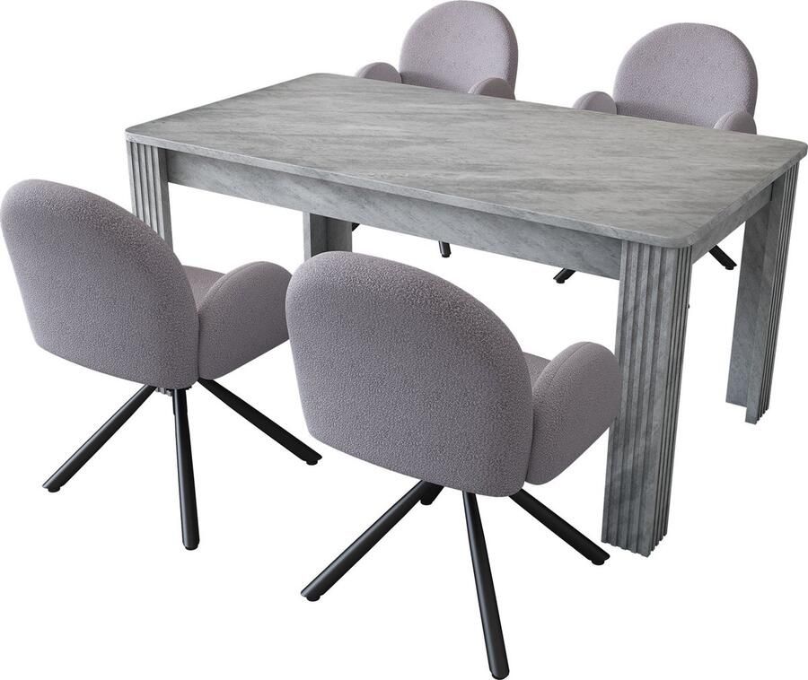Merax Eetkamerset met Eettafel en 4 Sherpa Eetkamerstoelen Loungestoelen met Metalen Poten Moderne Rechthoekige Tafel Grijs