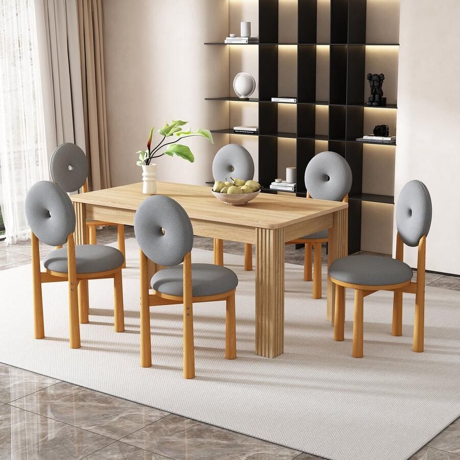 Merax Eetkamerset met Eettafel en 6 Donutstoelen Sherpa Bekleding en Rugleuning Minimalistische Rechthoekige Eettafel Grijs en Eikenkleurig 7-Delig - Foto 2