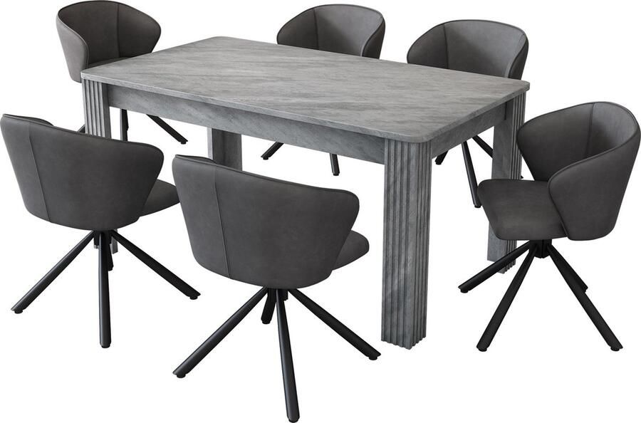 Merax Eetkamerset met Eettafel en 6 PU Leren Stoelen Loungestoelen met Vier Metalen Poten Rechteckige Eettafel Grijs