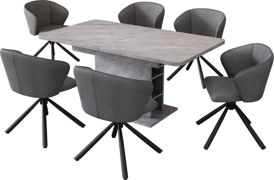 Merax Eetkamerset met Uitschuifbare Eettafel en 6 Stoelen – Luxe PU Stoelen met Vier Metalen Poten Eettafel met Opbergruimte Grijs