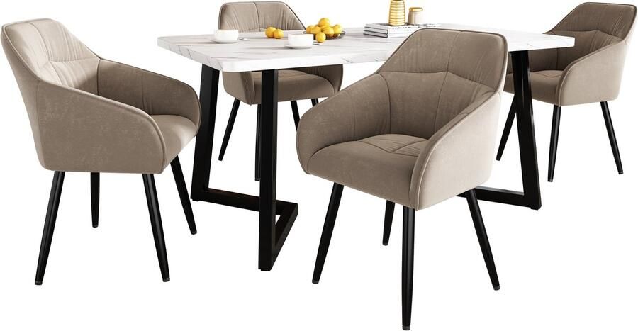 Merax Eetkamerset Moderne Eettafel 117x68 cm met 4 Fluwelen Eetkamerstoelen Marmerlook Tafelblad met Metalen Poten Taupe met Wit en Zwart