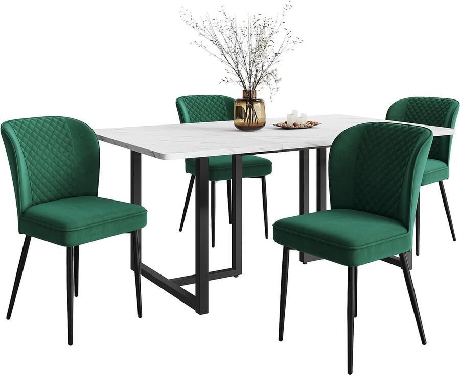 Merax Eetkamerset – Moderne Eettafel (140x80x75 cm) met 4 Donkergroene Fluwelen Stoelen – Wit MDF Tafelblad en Zwarte L-vormige Poten