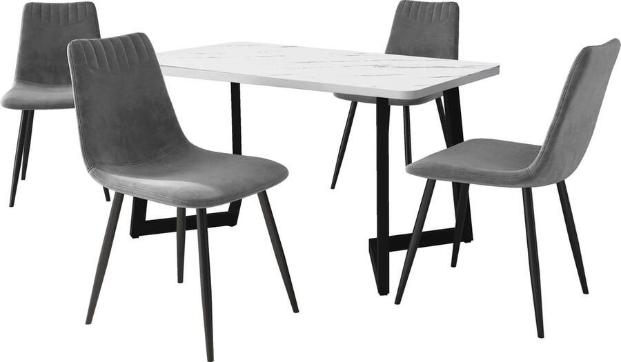 Merax Eettafel en Stoel Set (1+4) Moderne Eettafel met 4 Donkergrijze Velours Stoelen MDF Tafel met Marmerlook en Zwarte Poten
