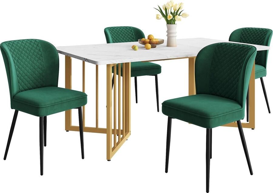 Merax Eetkamerset (Set van 5) – 140x80x75 cm Eettafel met 4 Donkergroene Fluwelen Stoelen – Moderne MDF Tafel met V-vormige Gouden Poten