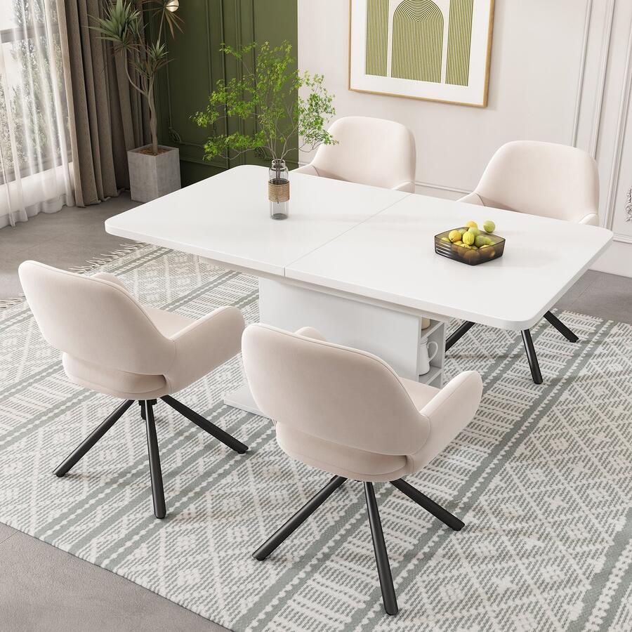 Merax Eetkamerset – Uitschuifbare Eettafel met 4 Velvet Eetkamerstoelen – Wit met Beige en Zwart