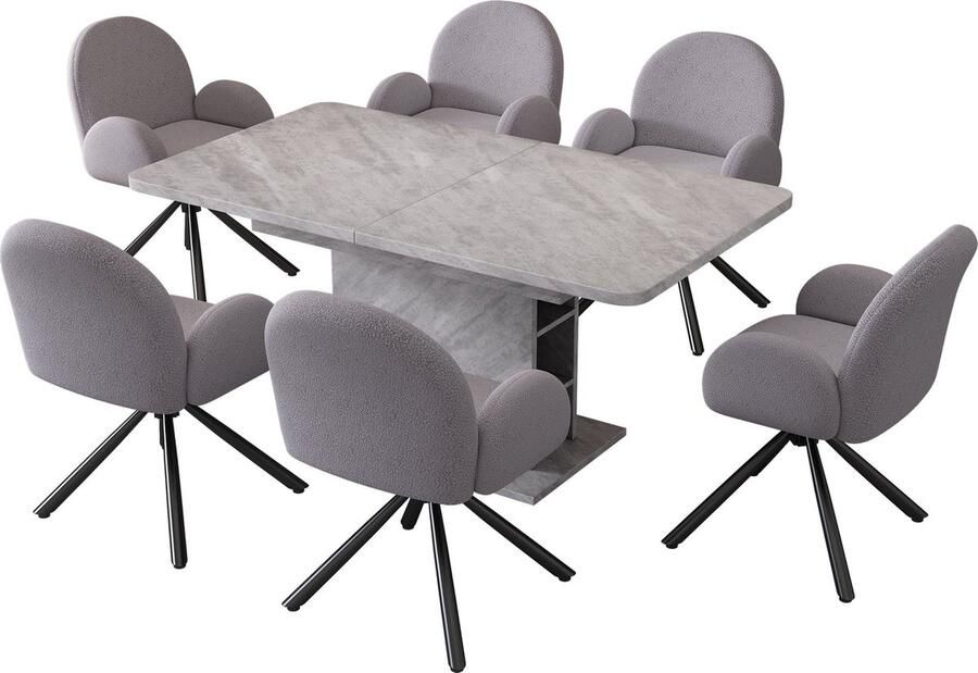 Merax Eetkamerset – Uitschuifbare Eettafel met Opbergruimte en 6 Sherpa Gestoffeerde Eetkamerstoelen – Moderne Eethoek 6 Personen – Grijs