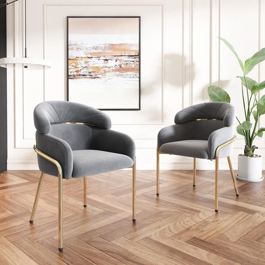 Merax Eetkamerstoel set van 2 lichte luxe woonkamer slaapkamer loungestoel vier metalen poten fluweel grijs