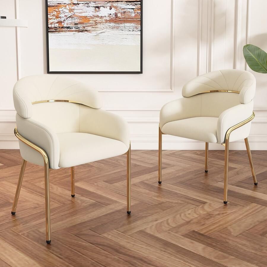 Merax Eetkamerstoel set van 2 lichte luxe woonkamer slaapkamer loungestoel vier metalen poten fluweel beige