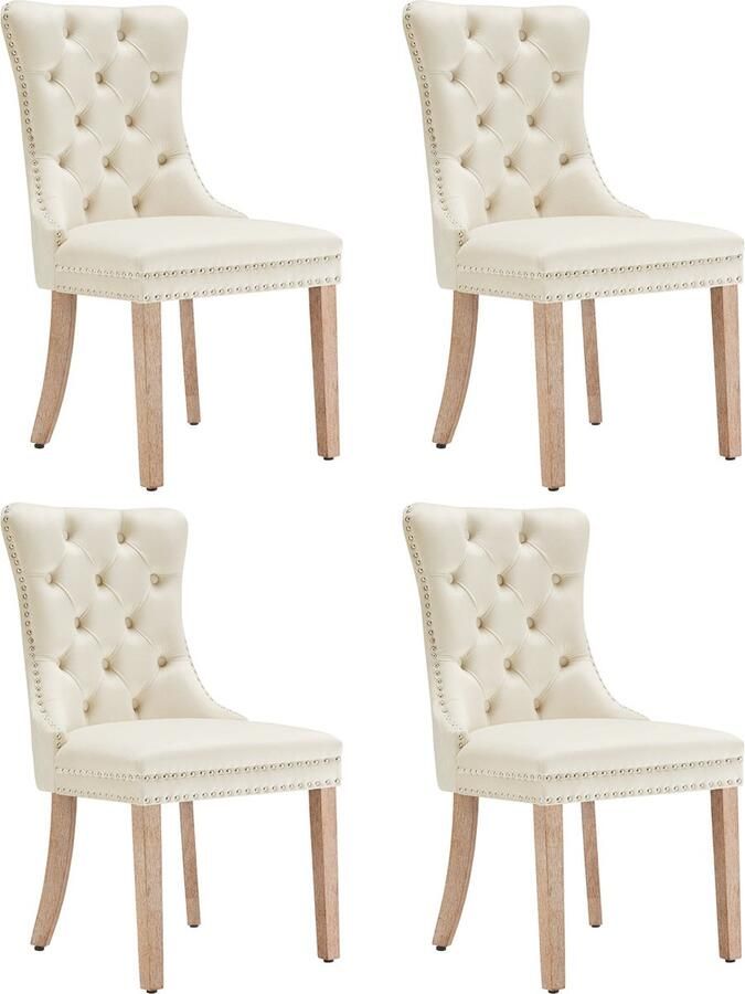 Merax Eetkamerstoel Set van 4 Luxe Fluwelen Stoelen met Decoratieve Knopen Eetkamerstoelen met Massief Houten Frame Beige