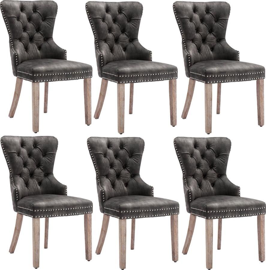 Merax Eetkamerstoelen Set van 6 – Grijze Velvet Stoelen met Massief Houten Poten en Unieke Deurklopper op de Rug Verstelbare Poten en Zilveren Nagelkopdetails