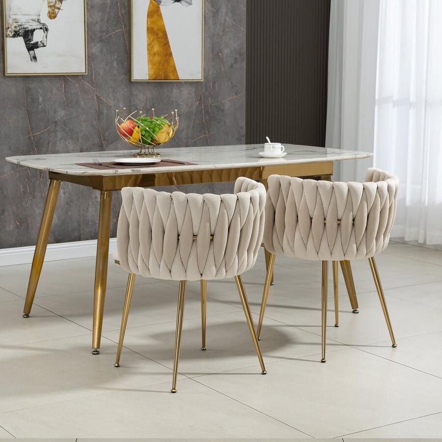 Merax eetkamerstoelen fluweel grijs 2 stuks met gouden metalen poten luxe handgevlochten rugleuning zachte zitting stoelen voor eetkamer woonkamer of slaapkamer - Foto 4