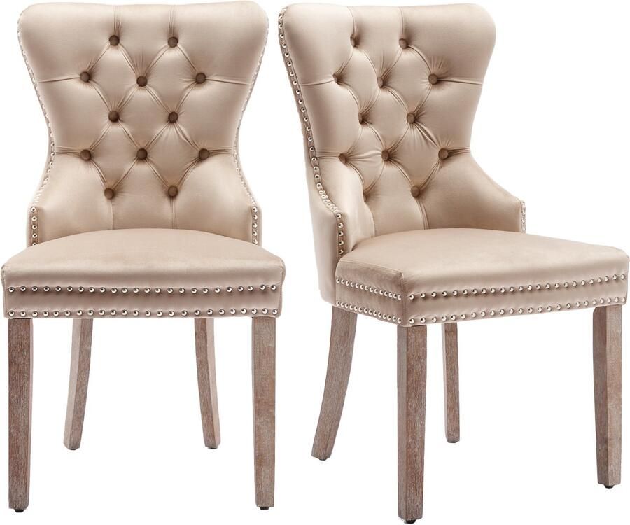 Merax Eetkamerstoelen Set van 2 – Beige Velvet Stoelen met Deurklopper Design & Nieten – Massief Houten Poten – Antieke Stijl