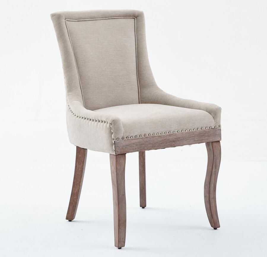 Merax Eetkamerstoelen Set van 2 Comfortabele Stoffen Stoelen met Hoge Rugleuning Beige Chenille Bekleding Massief Houten Poten Klassieke Stoelen met Bronskleurige Nagelstuds - Foto 2
