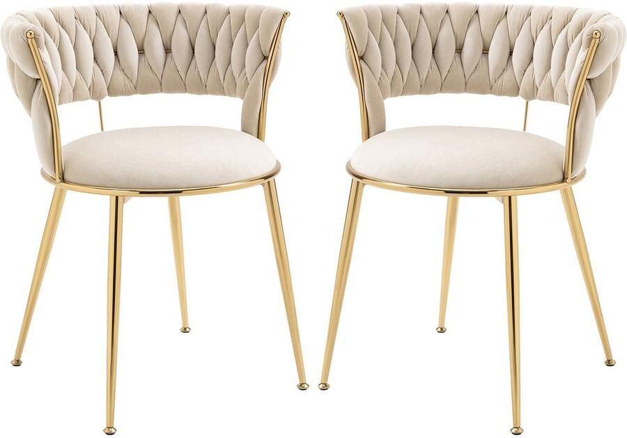 Merax Eetkamerstoelen Set van 2 Fluwelen Stoelen met Armleuning en Moderne Rugleuning Comfortabele Gestoffeerde Kuipstoelen met Metalen Poten Ivoor