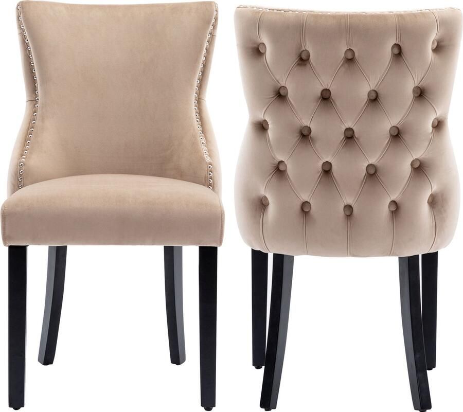 Merax eetkamerstoelen set van 2 – beige fluwelen stoelen met knoopstiksel & massief houten poten – klassieke 4-poots stoelen voor eetkamer of woonkamer