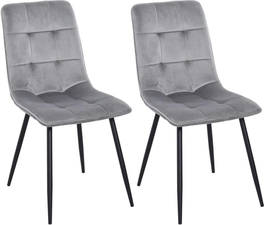 Merax Set van 2 Eetkamerstoelen – Gestoffeerde Keukenstoelen met Hoge Rugleuning en Metalen Frame – Comfortabele Fluwelen Stoelen in Grijs en Zwart