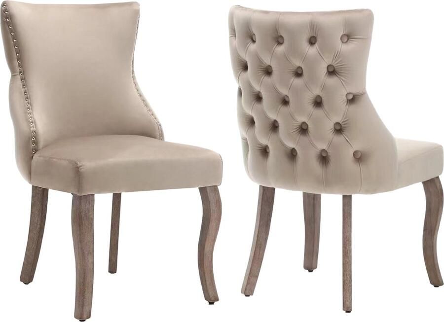 Merax Eetkamerstoelen Set van 2 Gestoffeerde Stoelen met Kapitonnering en Nagelkopdetails Massief Houten Gebogen Benen Beige - Foto 2