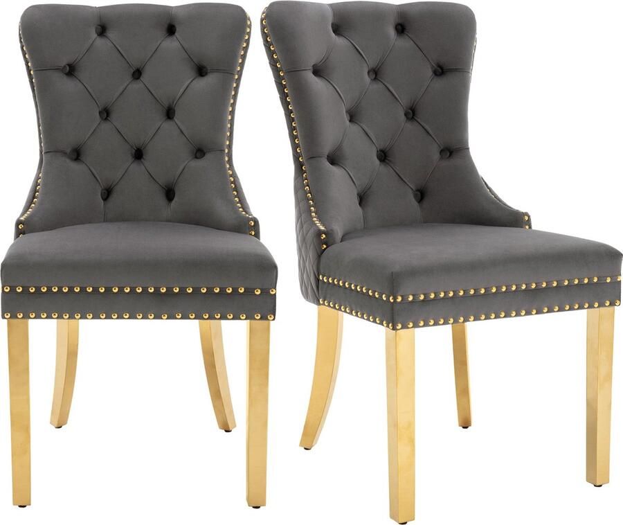 Merax Esszimmerstoelen van Velours (Set van 2) Luxe Keukenstoelen met Ronde Trekknoppen Grijs Gold Stijlvol en Comfortabel